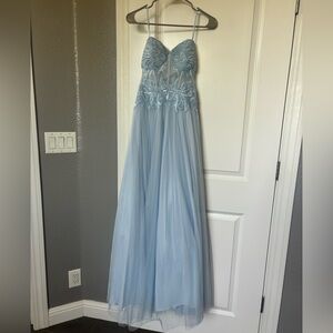 Light Blue Tulle Evening Gown with Embroidered Bodice